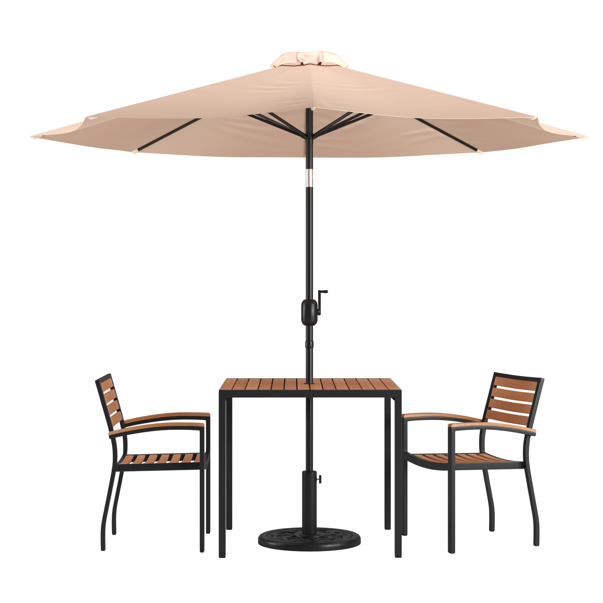 Flash Furniture, Patio Set-35in. Table-2 Chairs-Tan Umbrella-Base, Pieces (qty.) 5 Primary Color Beige, Seating Capacity 2 Model# XU8102UB19BTN